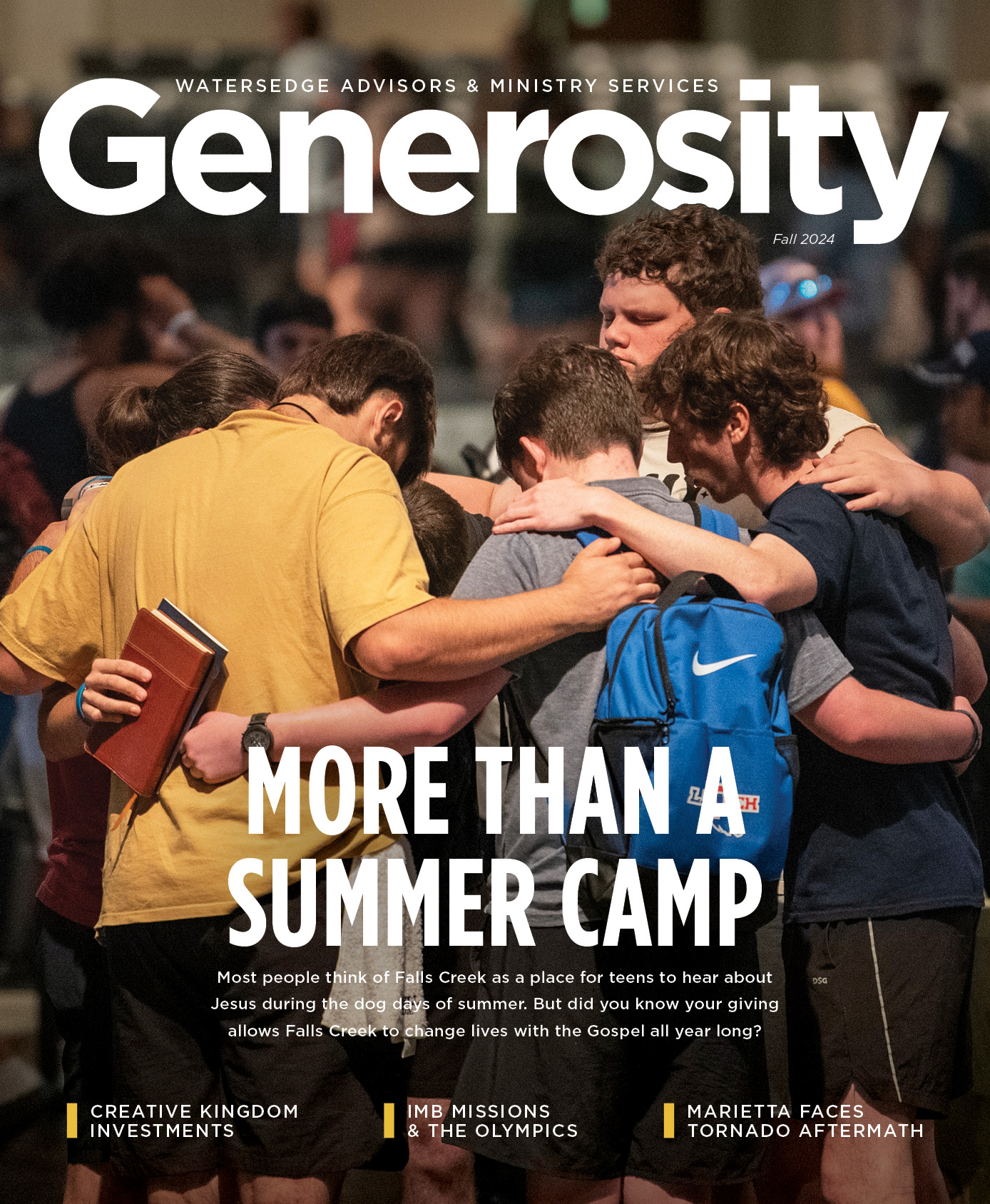 Magazine cover - college students in a huddle praying for each other at Falls Creek.